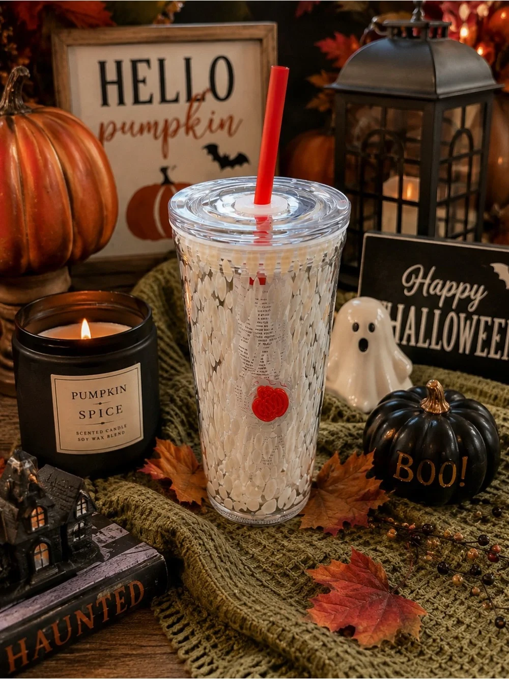 Starbucks Fall Pumpkin 🎃 Glass CTextured Tumbler with  orange Straw and decal